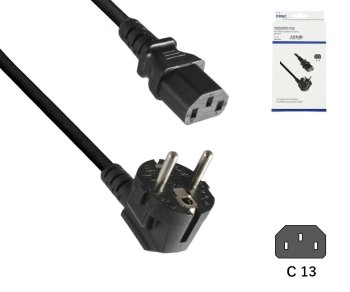 Võrgukaabel Europe CEE 7/7 90° C13-le, 0,75mm², VDE, must, DINIC-karbis euroava, pikkus 1,80m.
